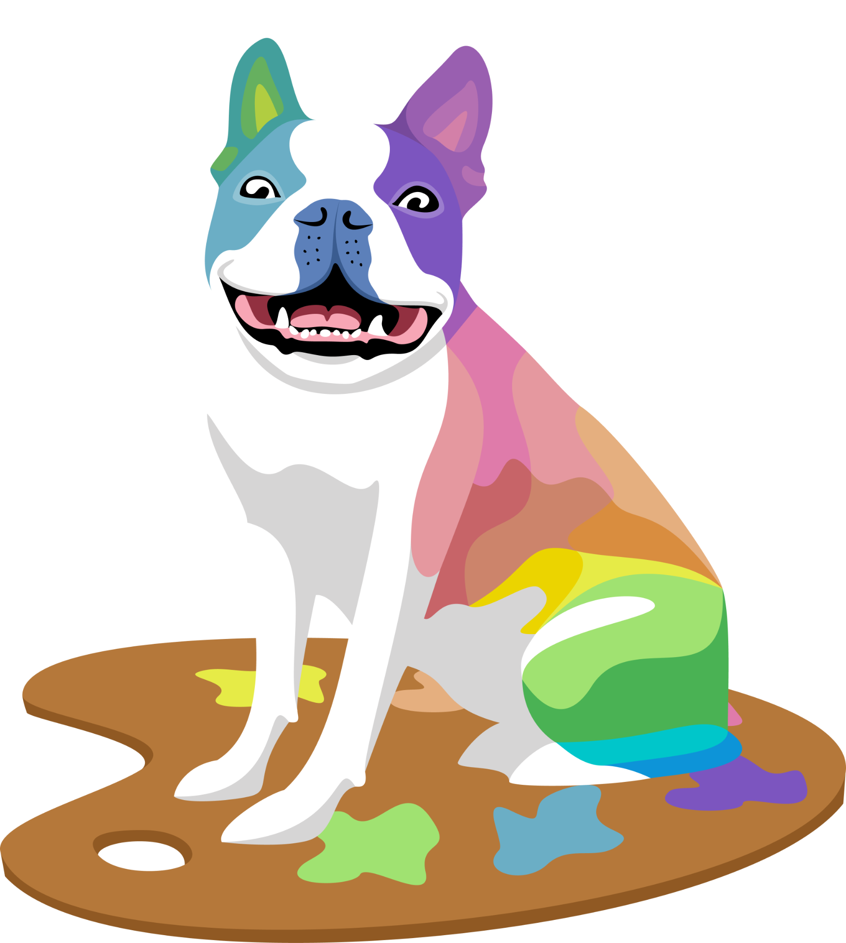 Colorful Canine Canvas Dog Spa logo of a Boston Terrier on a paint palette
